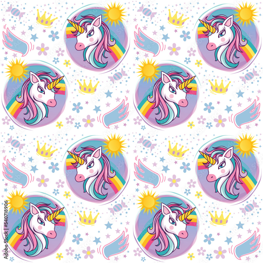 seamless pattern with unicorns, rainbow and Suns