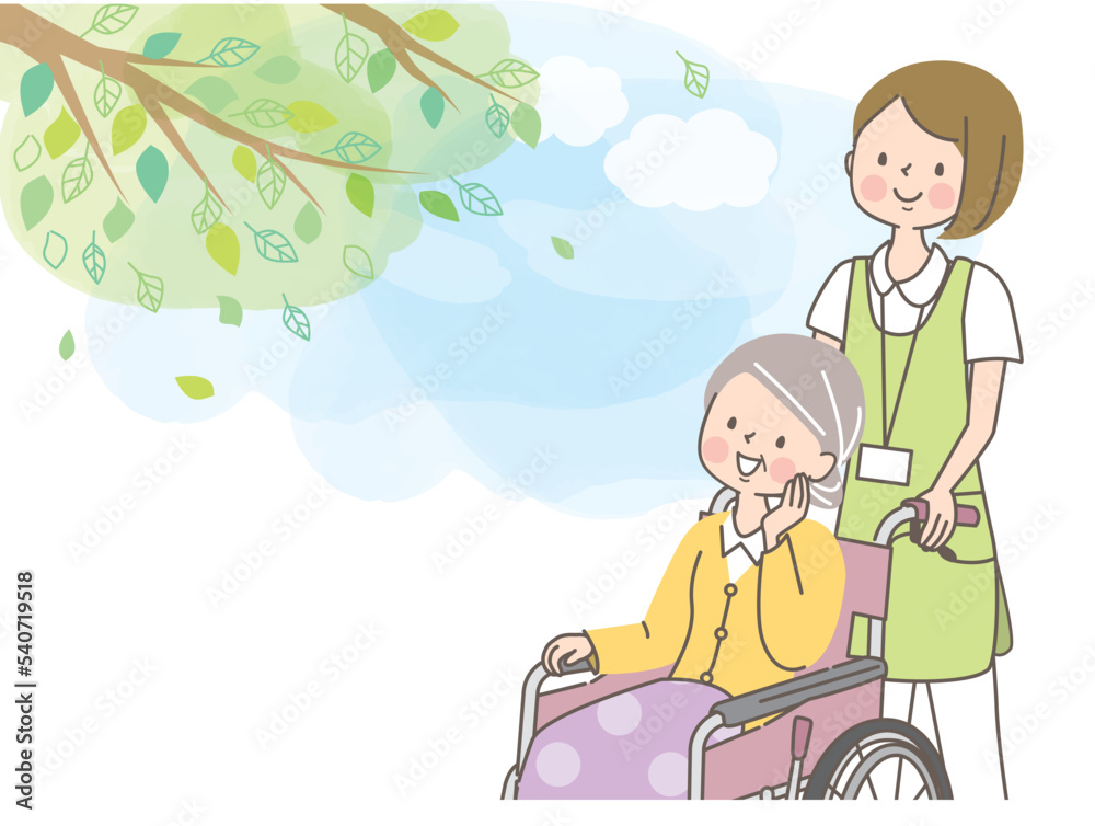 Naklejka premium 車椅子のシニア女性を介助する若い女性介護士