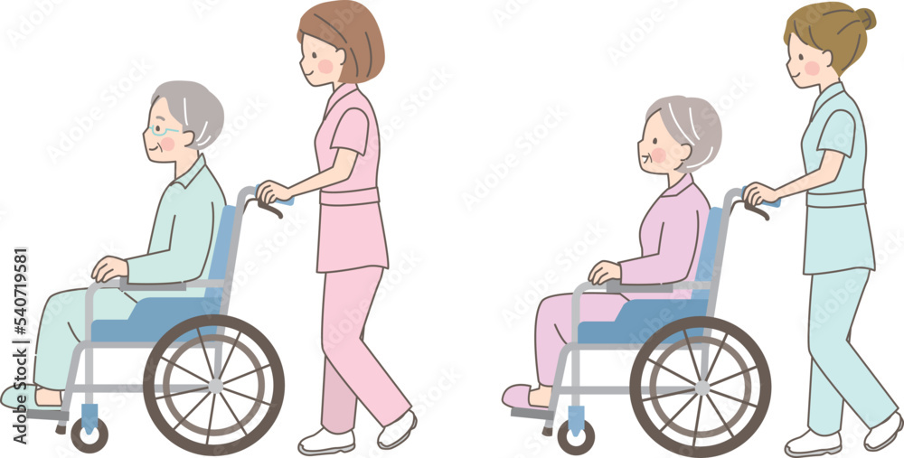 車椅子のシニア男女を介助する女性看護師のイラスト素材