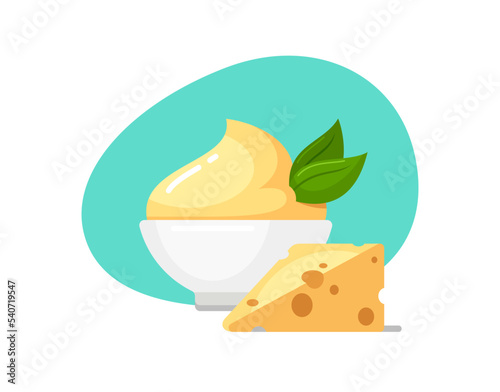 Cheese sauce in white bowl icon, piece of cheese with holes. Dairy food, homemade condiment with green leaves in deep plate for pasta, barbecue, potato, fish and meat dishes. Vector flat illustration 