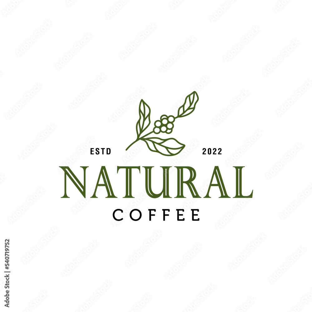 natural coffee plant logo. coffee bean plant branch hipster minimal logo vector with leaf simple line outline icon for natural cafe concept.