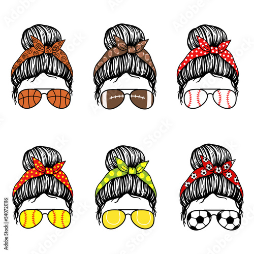 Sports mom messy bun. Women with aviator glasses and bandana. Vector illustration. Isolated on white background. Good for posters, t shirts, postcards.