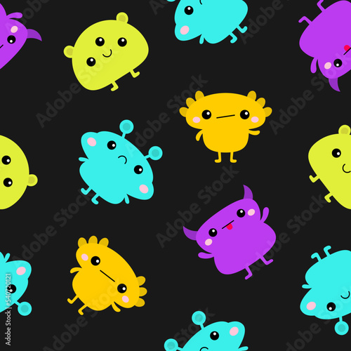 Seamless pattern. Monster icon set. Happy Halloween. Cute cartoon kawaii funny baby character. Colorful silhouette. Sticker print. Eyes, horn, fang teeth tongue. Flat design. Black background.