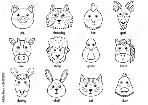 Cute black and white farm animal faces collection. Funny set and coloring page with heads of farm characters. Pig, hen, goat, cow, sheep and others. Vector illustration