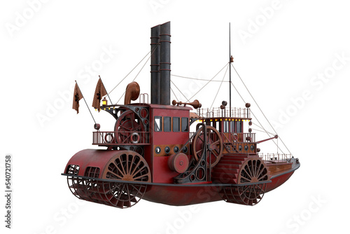 Rear view 3D rendering of a Steampunk styled paddle steamer boat isolated on a transparent background.