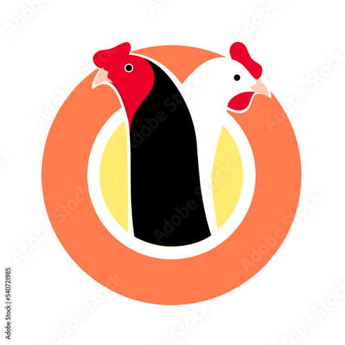 Chicken farmer vector logo. Rooster and hen with orange circles. Isolated on a white background. Great for chicken farm logo, broiler chicken.