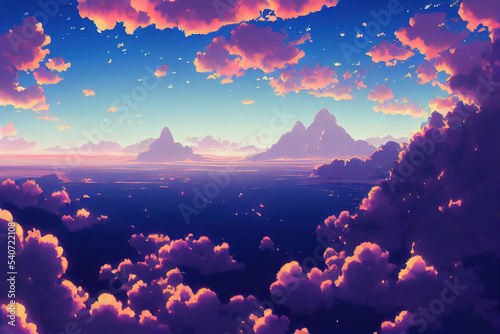 Sky Panorama Evening with Relaxing Clouds. Japanese Anime Style Beautiful Atmosphere Background.