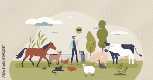 Farm animals grow for domestic milk, eggs or meat supply tiny person concept. Farming industry with cow, pig, livestock, chickens and sheep cultivation vector illustration. Idyllic countryside scene.