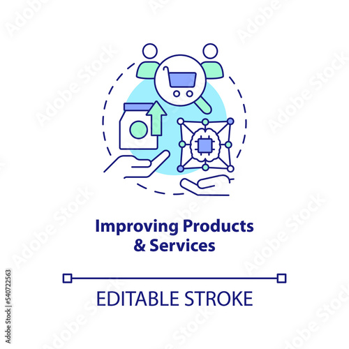 Improve products, services concept icon. IoT business benefits. Clients experience abstract idea thin line illustration. Isolated outline drawing. Editable stroke. Arial, Myriad Pro-Bold fonts used