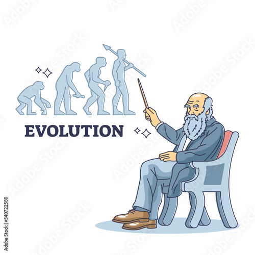 Charles Darwin with popular evolution theory for origins outline concept. Scientific history professor with revolutionary and legendary ancestor findings vector illustration. Old biology knowledge.