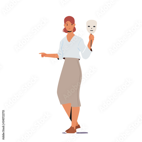 Fake Feelings, Impostor Syndrome, Hypocrisy Concept. Sad Female Character Hide Real Emotions Under Mask