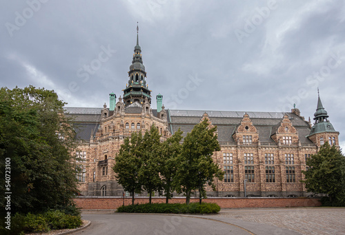 Canvas Print Sweden, Stockholm - July 16, 2022: Back facade and tower of Nordiska Museet, History museum under gray sky