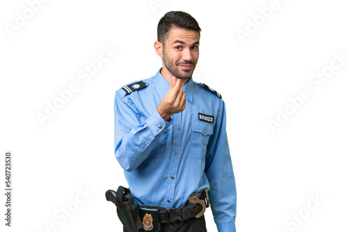 Young police caucasian man over isolated background making money gesture