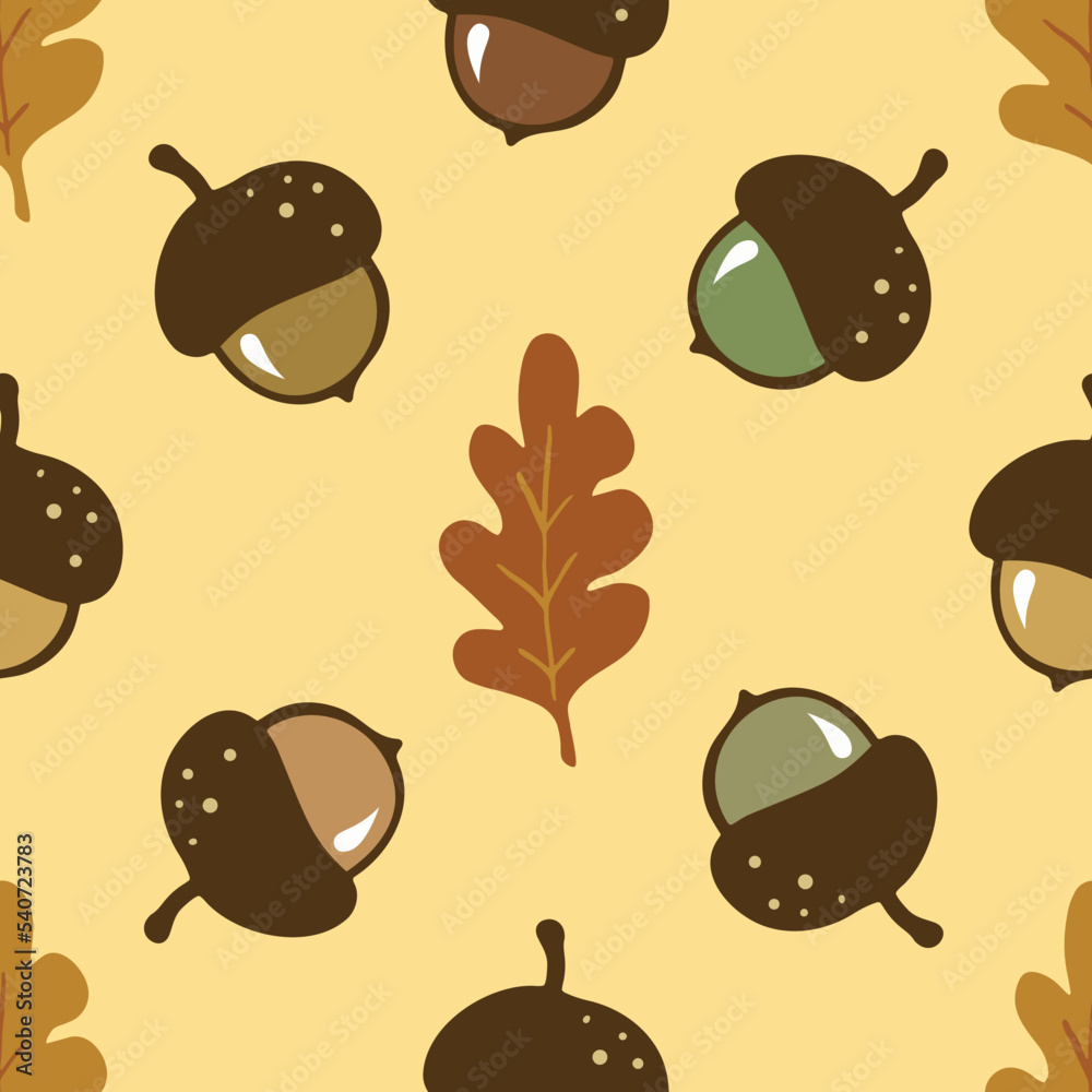 Seamless pattern with cute hand-drawn acorns and oak leaves, a fall season yellow background