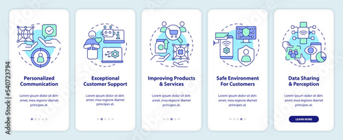 Using IoT for business reasons onboarding mobile app screen. Digital walkthrough 5 steps editable graphic instructions with linear concepts. UI, UX, GUI template. Myriad Pro-Bold, Regular fonts used