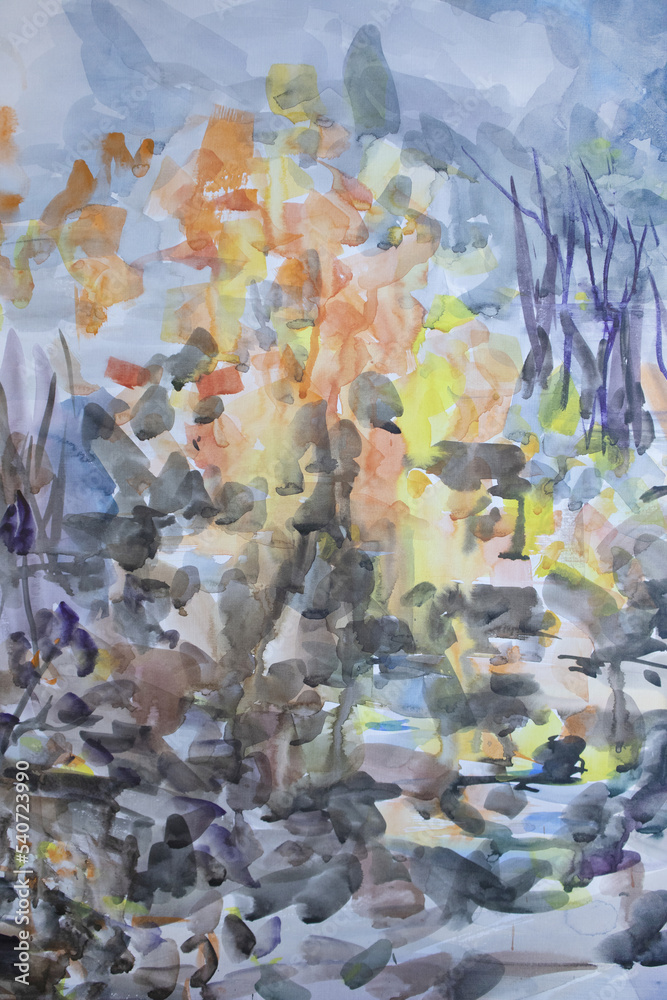 Fototapeta premium bstract golden foliage. Wet dirty rainy ground. Twilight gray overcast autumn landscape. Watercolor contemporary painting. Brush strokes fluid texture with spots and smudges.