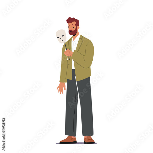 Unhappy Male Character with Happy Smiling Mask. Imposter Syndrome, Hypocrisy, Dishonesty, Liar, Fake Concept