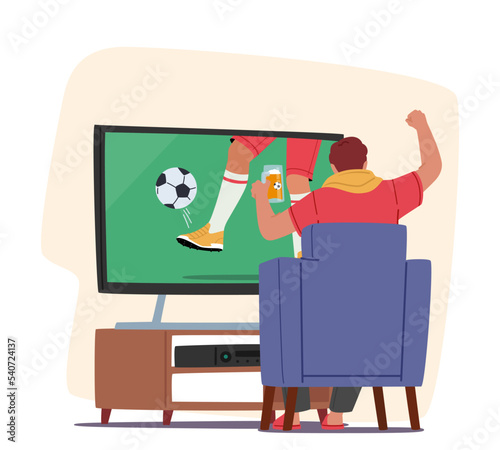 Football Fan Watching Match at Home on Tv Sitting on Couch Rear View. Excited Man with Beer Cheering for Favorite Team