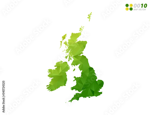 Vector United Kingdom (UK) map green and yellow polygon triangle mosaic with white background. style gradient.