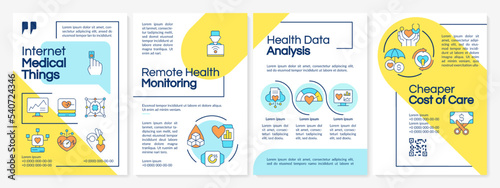 Internet of medical things yellow and blue brochure template. Leaflet design with linear icons. Editable 4 vector layouts for presentation, annual reports. Questrial, Lato-Regular fonts used