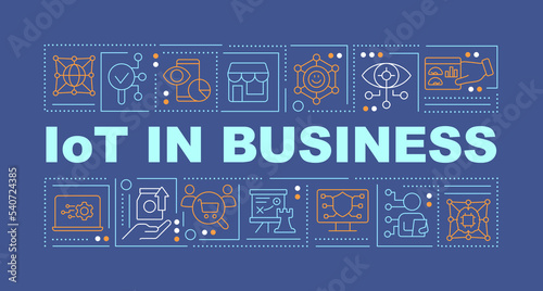 IoT in business word concepts dark blue banner. Digital transformation. Infographics with editable icons on color background. Isolated typography. Vector illustration with text. Arial-Black font used