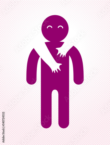 Beloved man with care hands of a lover woman hugging and caresses his shoulders, vector icon logo or illustration in simplistic symbolic style.