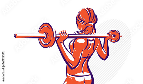 Push the barbell gym and fitness vector illustration of a young attractive woman doing workout exercises with a barbell, perfect muscular athletic body young adult girl sport training.