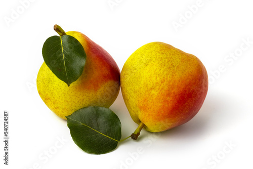 Pears with leaf on white background