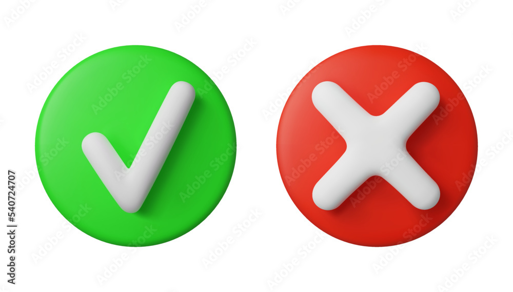 Green check mark and red cross 3d. Vector realistic selection buttons Green check mark and red cross 3d. Vector realistic selection buttons