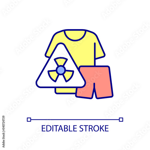 Take off dirty clothing with radioactive dust RGB color icon. Prevent radiation sickness. Nuclear accident. Isolated vector illustration. Simple filled line drawing. Editable stroke. Arial font used