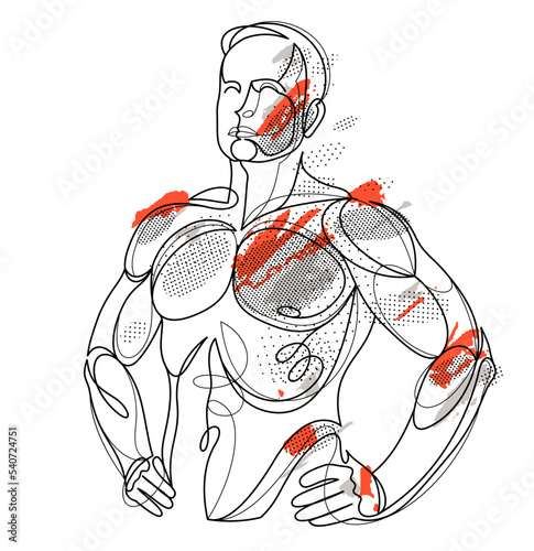 Linear drawing of a perfect body fit model man posing vector illustration isolated, muscular macho sexy guy with naked torso topless.