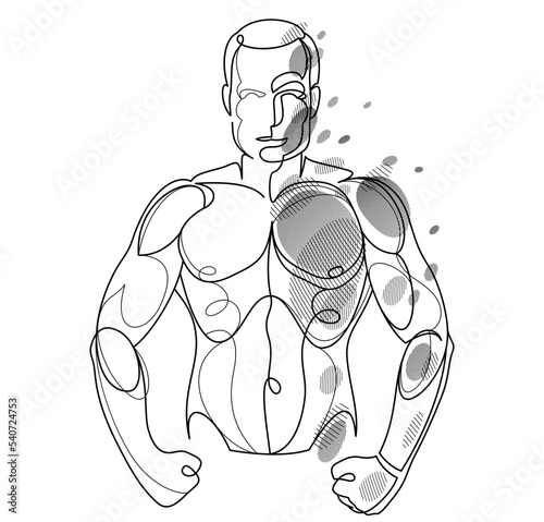 Linear drawing of a perfect body fit model man posing vector illustration isolated, muscular macho sexy guy with naked torso topless.