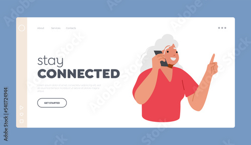 Old Woman Use Mobile Connection Landing Page Template. Elderly Grey Haired Lady Communicate by Phone Online