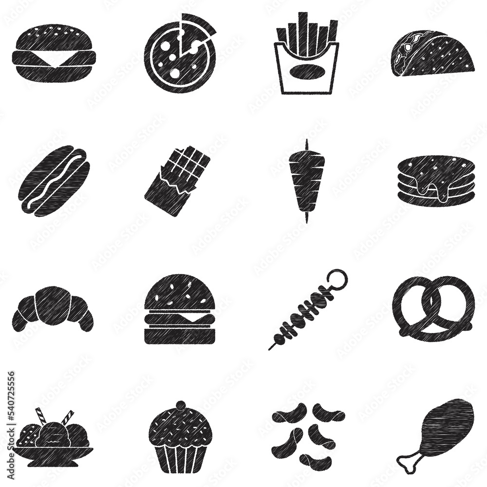 Junk Food Icons. Black Scribble Design. Vector Illustration.