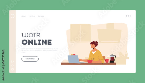 Freelance Job Online Landing Page Template. Relaxed Woman Freelancer Working on Laptop Sitting at Desk with Coffee