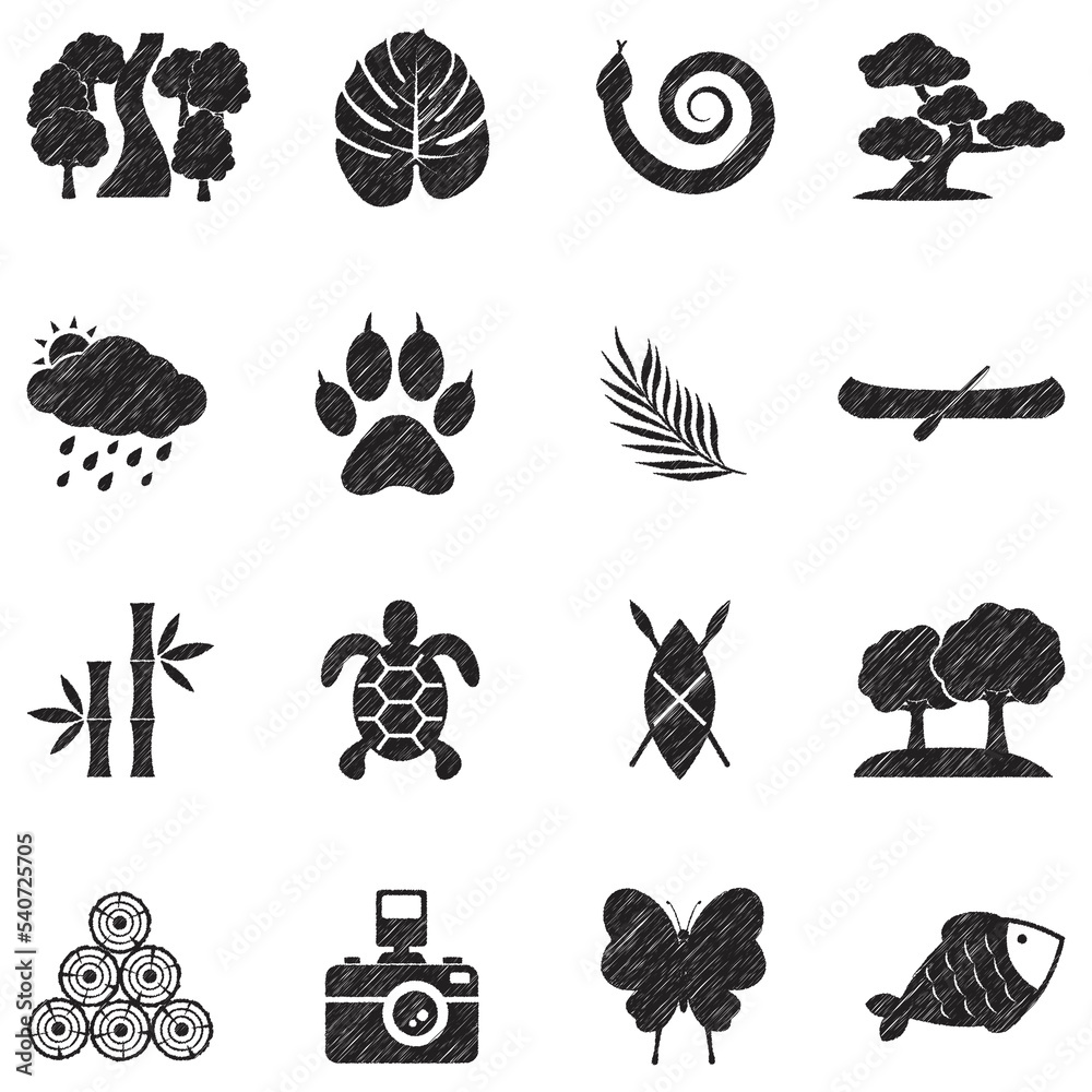 Rainforest Icons. Black Scribble Design. Vector Illustration.