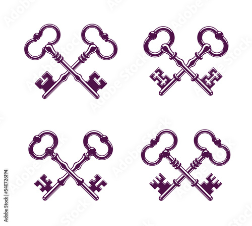Crossed keys, protected secret, electronic data protection, keys to heaven, hotel label, vintage antique turnkeys vector logo or emblem.