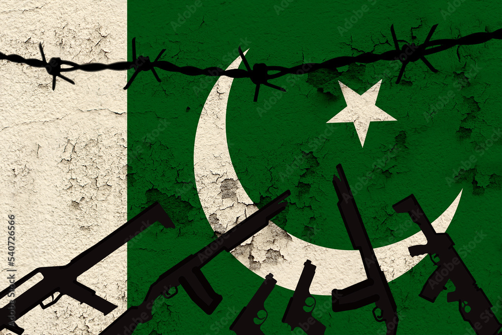 national flag of pakistan on textured background, rows of barbed wire, concept of war, revolution, armed uprising in country, increase in crime in state, terrorist attack, redistribution of power