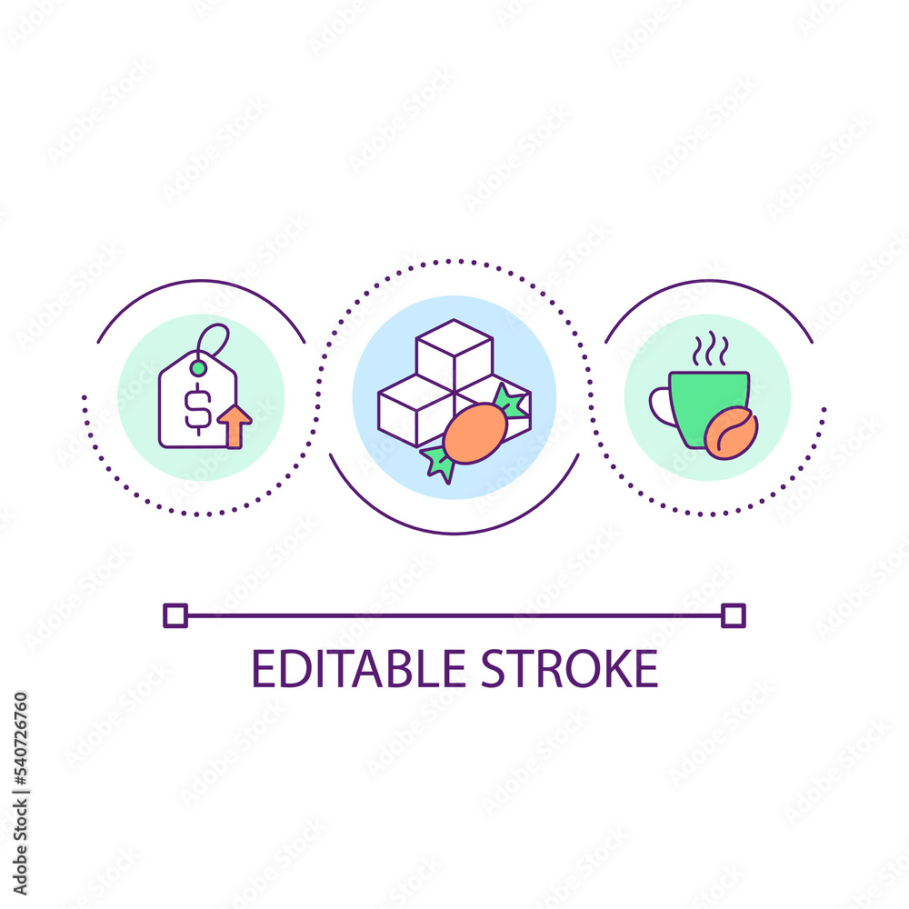Food inflation loop concept icon. Coffee, sugar price rise. Product costs growth. Economic challenges abstract idea thin line illustration. Isolated outline drawing. Editable stroke. Arial font used
