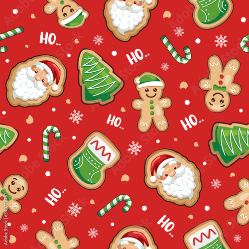 Seamless Christmas Pattern With Gingerbread Man, Santa Claus, Christmas Tree, And Candy Cane, Cute Cartoon Illustration