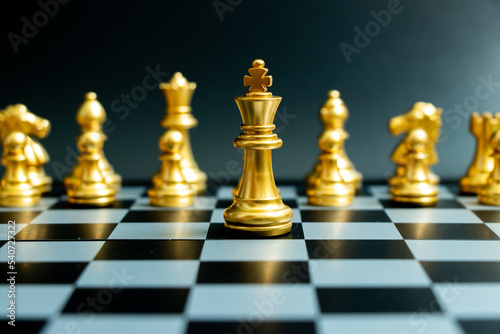 Gold king chess piece stand with other chess piece on black background (Concept of teamwork, management)