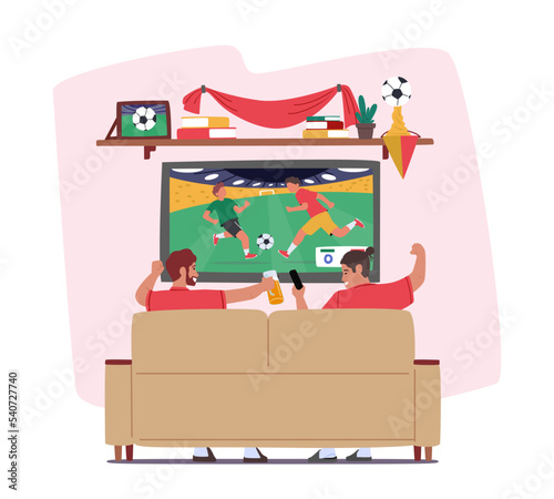 Football Fans Watching Match, Male Characters Soccer Supporters Cheering for Favorite Team at Home on Tv Sit on Couch
