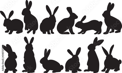 rabbits, hares set black silhouette design isolated vector