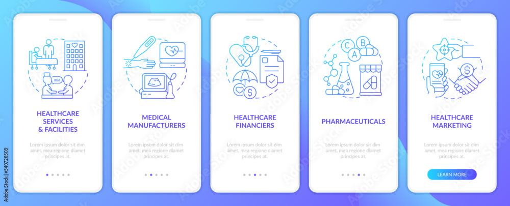 Medical industry key segments blue gradient onboarding mobile app screen. Walkthrough 5 steps graphic instructions with linear concepts. UI, UX, GUI template. Myriad Pro-Bold, Regular fonts used
