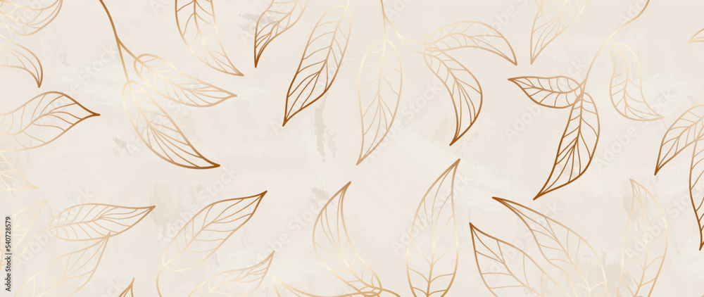 Golden wild branches and leaves, line art vector background. Luxury abstract background with artificial leaves and branches, golden leaves. For invitation, wedding, decoration, background.