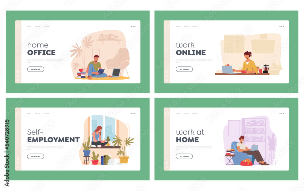 Home Office Landing Page Template Set. Freelancers or Outsourced Workers Characters Working Remotely on Computers
