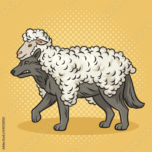 Wolf in sheep clothing pinup pop art retro vector illustration. Comic book style imitation.