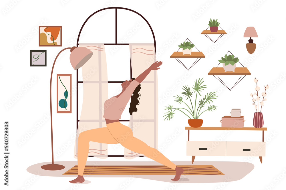 Modern comfortable interior for yoga web concept. Woman practicing yoga asana in room with large window, home decor and plants. People scenes template. Illustration of characters in flat design