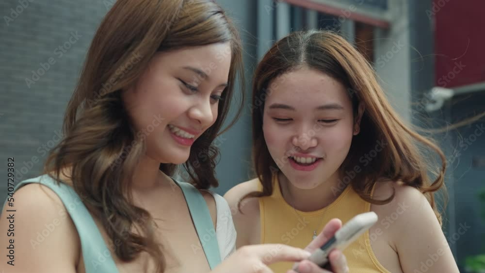 Young Gen Z asia people trending influencer teen girl look at phone ...