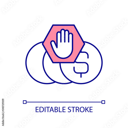 No payment RGB color icon. Free assessment. Available service. Non commercial product. Non-profit. Isolated vector illustration. Simple filled line drawing. Editable stroke. Arial font used